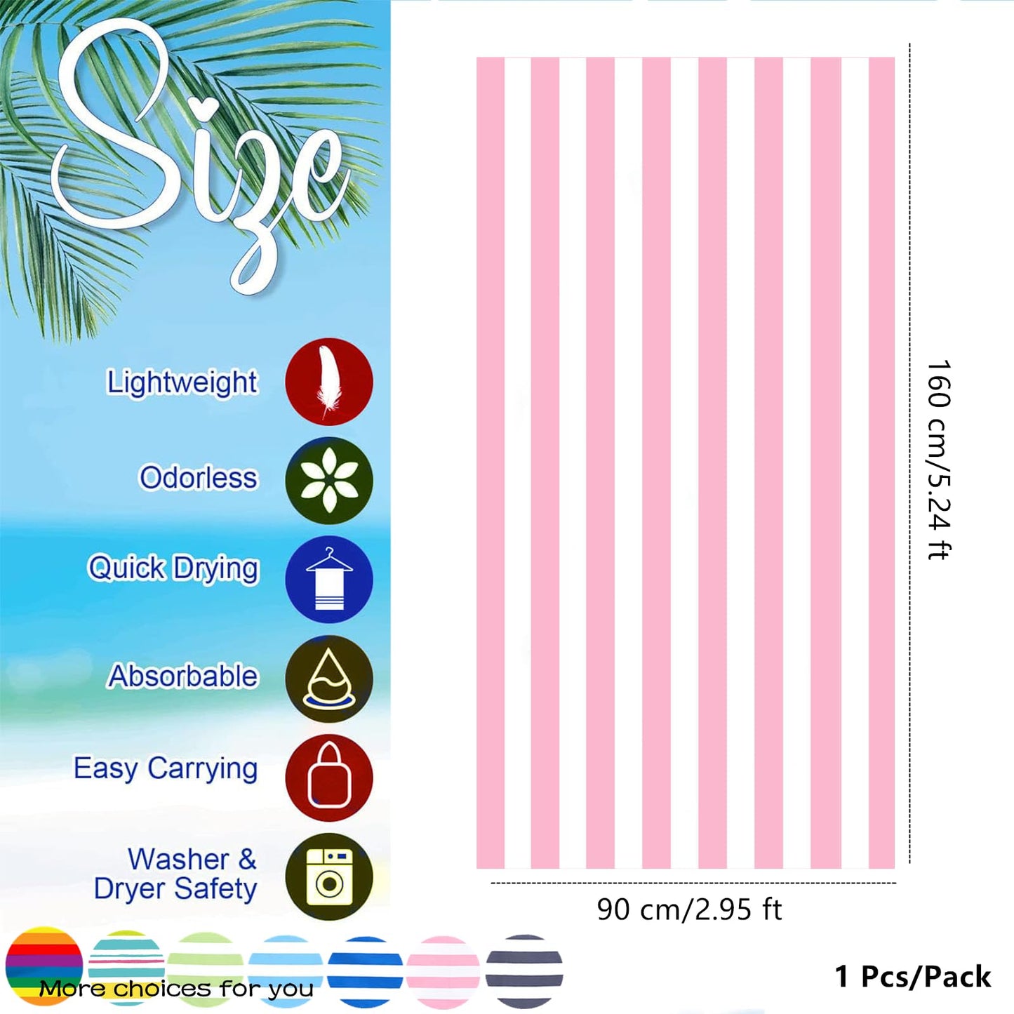 Large Microfibre Beach Towel for Adult,160x90cm Double Sides Pink Striped Sand Free Beach Towel,Lightweight Quick Dry Travel Swim Towel with