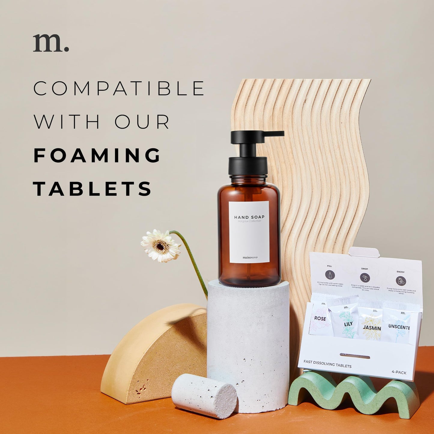 MaisoNovo Glass Foaming Soap Dispenser Set of 2-400 ml Amber Glass Foaming Hand Wash Dispenser Black Pumps x 2, Waterproof Labels