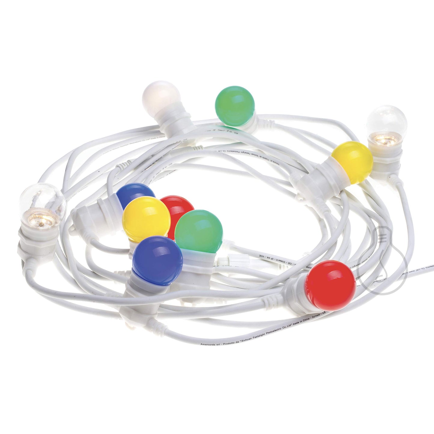 AMARCORDS - Luminous Belt White for Outdoor use with 11 E27 Lampholders, Round Cable, schuko Plug, Length 12.5 m. Joined up to 100 Meters!