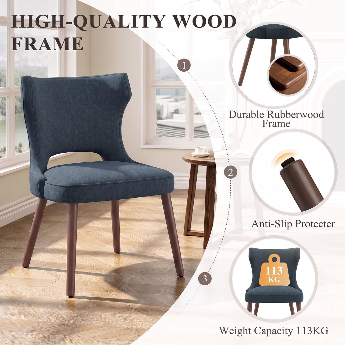 MALOL Upholstered Dining Chairs Set of 2, Dining Room Chairs with Hollow Backrest, High Back Kitchen Chairs with Solid Wood Legs, Thick Seat Cushion