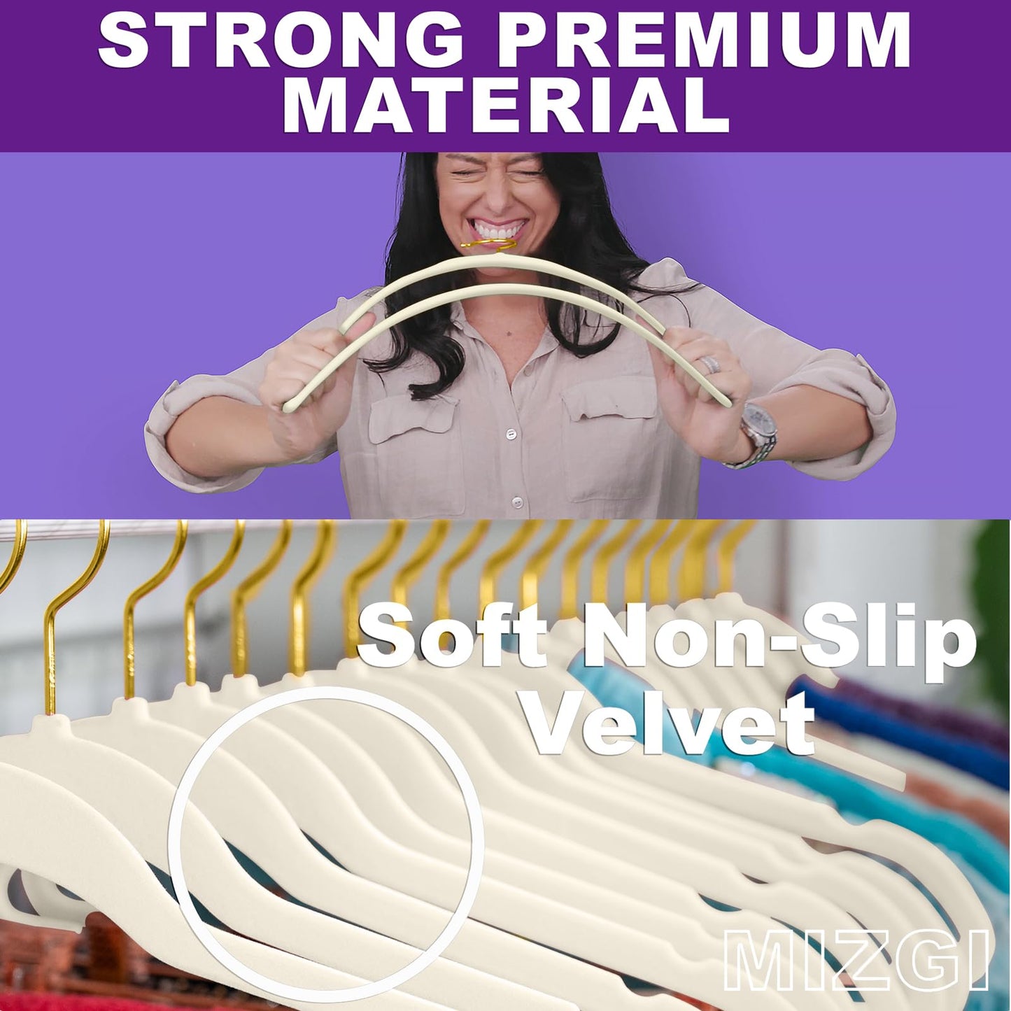 MIZGI Premium Velvet Suit Hangers - Pack of 60 Heavy Duty, Non Slip Slimline with Gold Hooks, Space Saving Ivory Velvet Hangers DK-ke-98