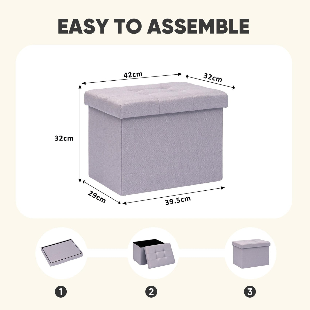 PINPLUS Linen Ottoman Storage Box with Lid, 42x32x32 cm, Light Purple