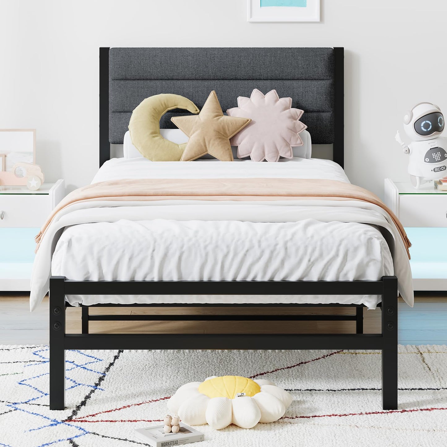 JUISSANO Upholstered Bed 90 x 200 cm Youth Bed Single Bed Metal Bed Frame Bed 90 x 200 cm with Metal Slatted Frame
