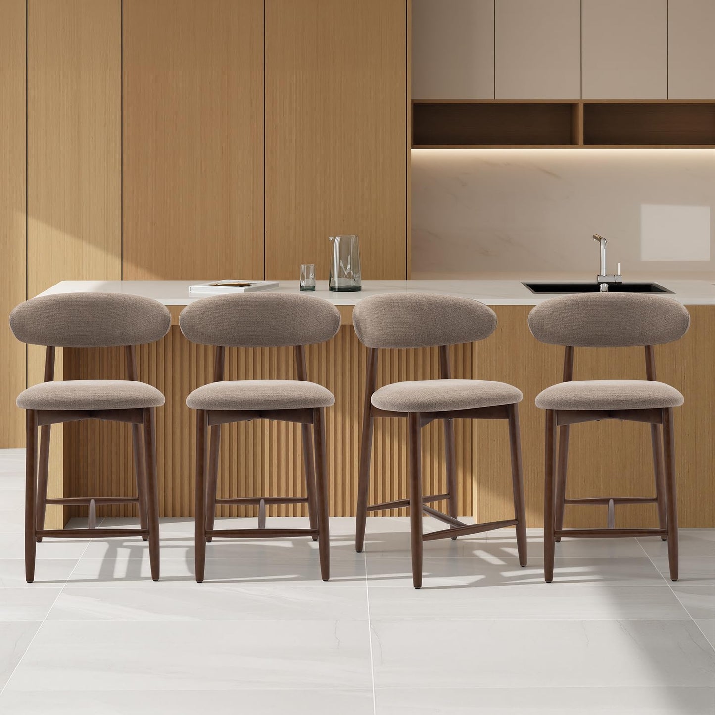 COLAMY 4PCS Counter Height Bar Stools with Back, Modern Upholstered Bar Chairs with Ergonomic Backrest & Footrest, Rubberwood Frame