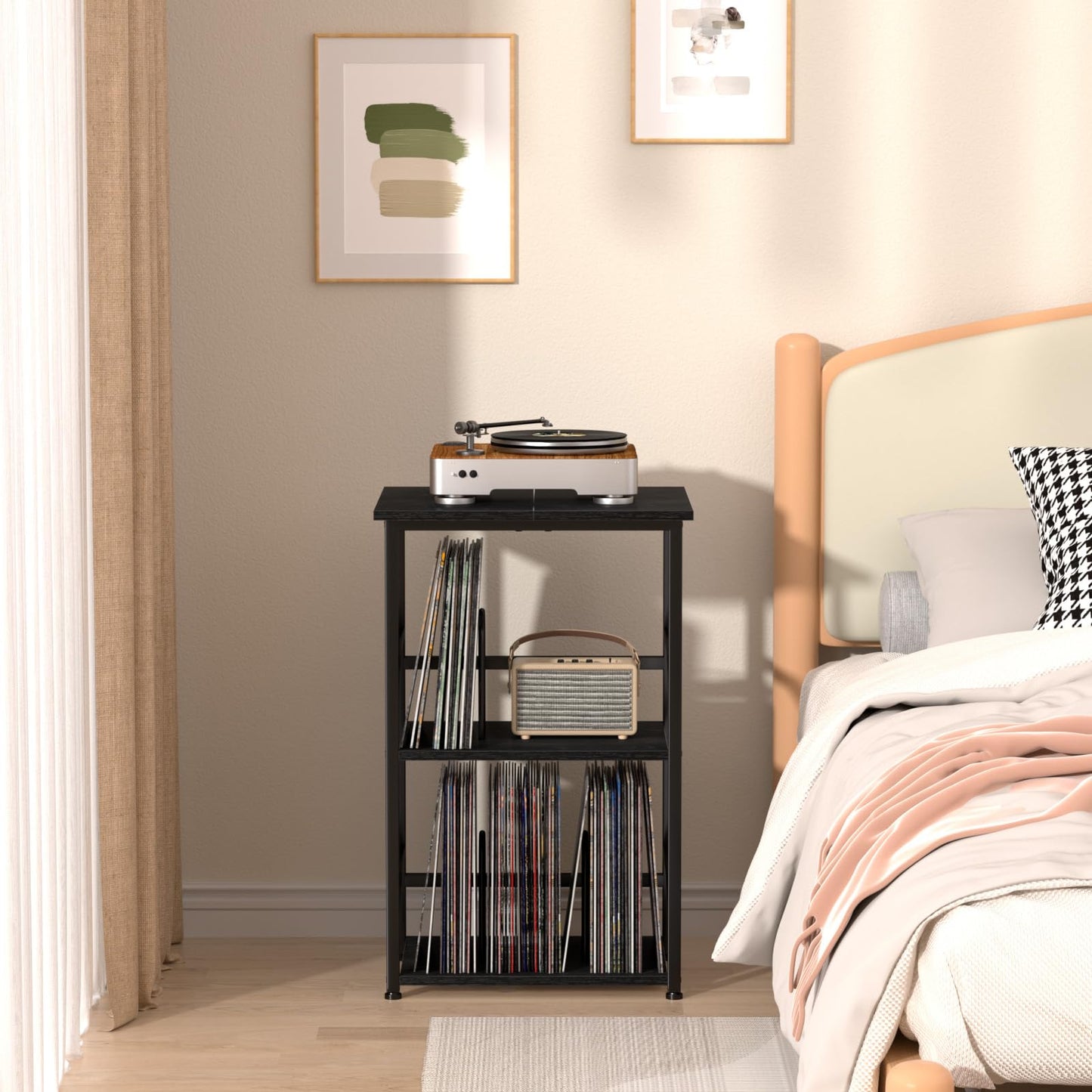 LOAKEKEL Record Player Stand, Vinyl Record Storage with Extra-Large Desktop