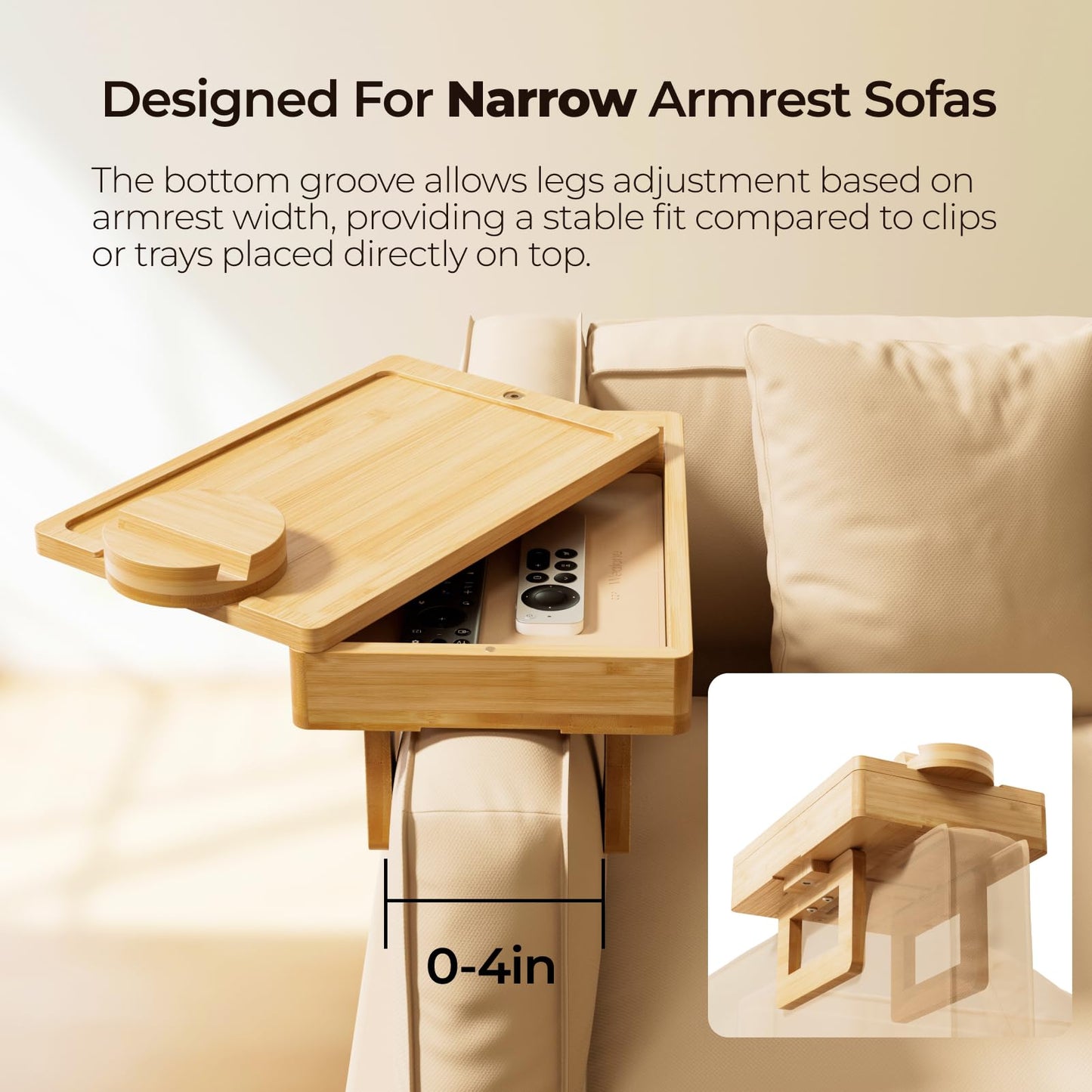 Wealone Mini Couch Arm Table for Narrow Armrest, Bamboo Sofa Arm Tray with Storage Box, Rotating Tabletop and Phone Stand