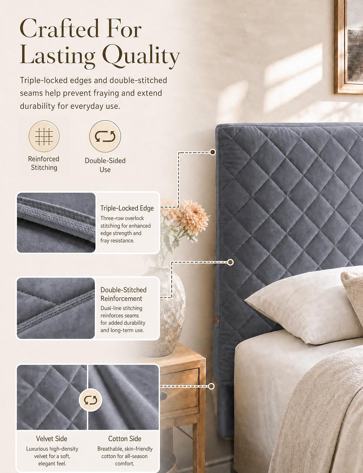 Bed Headboard Slipcover Quilted Thicken Protector Light grey,180x70cm