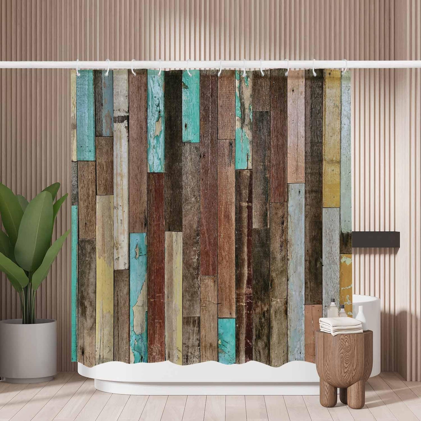 Woutay Shower Curtain Mould Proof Resistant Worn Wooden Boards,Water Repellant Fabric,Polyester,with 12 Plastic Hooks