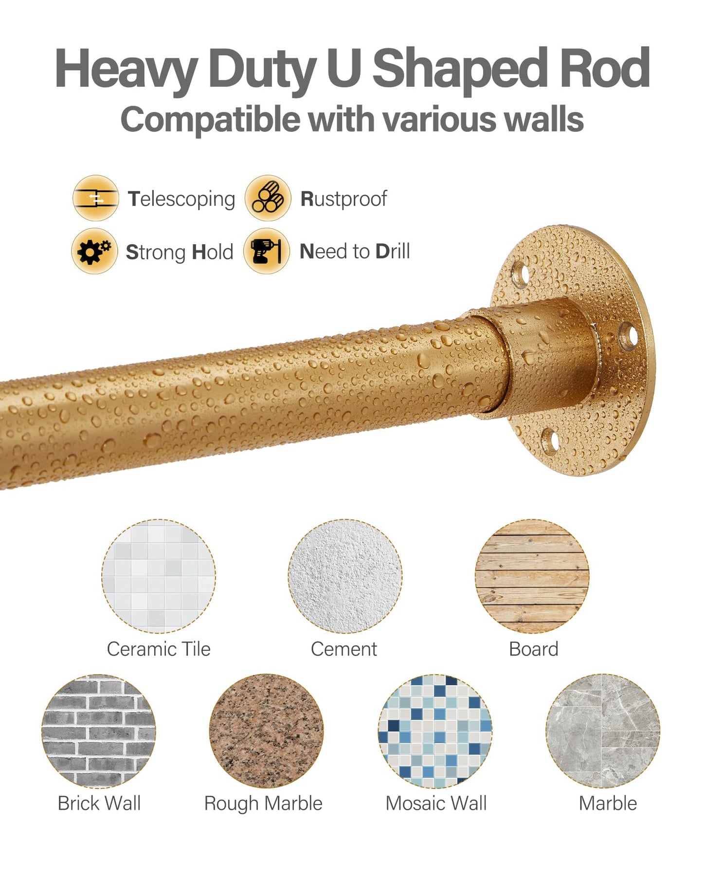 Yampos U Shaped Shower Curtain Rail, [Both Sides: 60 cm - 132 cm, Middle: 76,2 cm