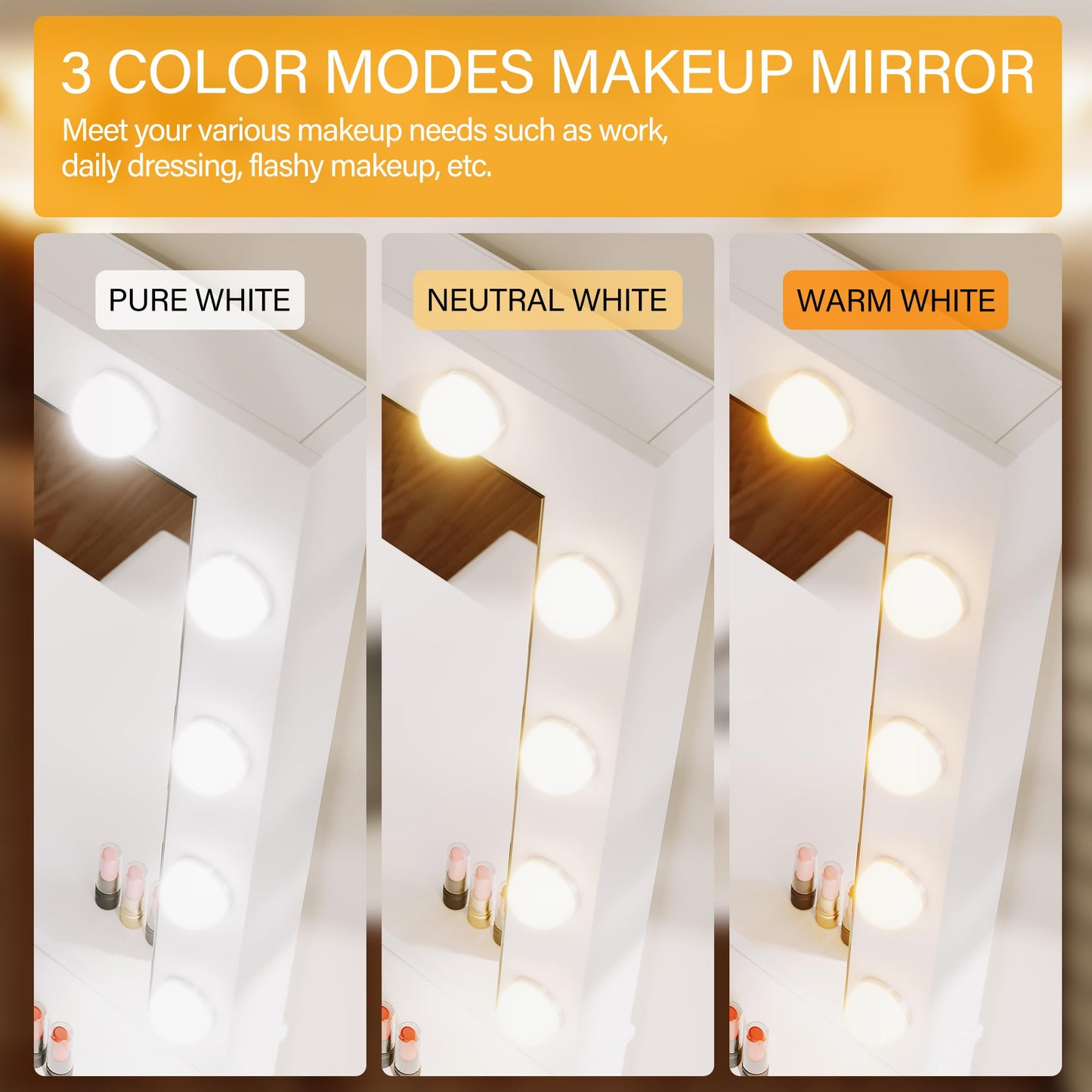 ELEGANT White Dressing Table Set with Hollywood LED Mirror, 80×40×140cm