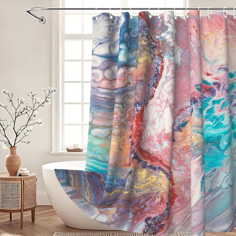 Xiaoterna Marble Shower Curtain Modern Luxury Colorful Gradient Marble Waterproof Bathroom Curtain Abstract Art Gilding Wave Textured Washable Mildew