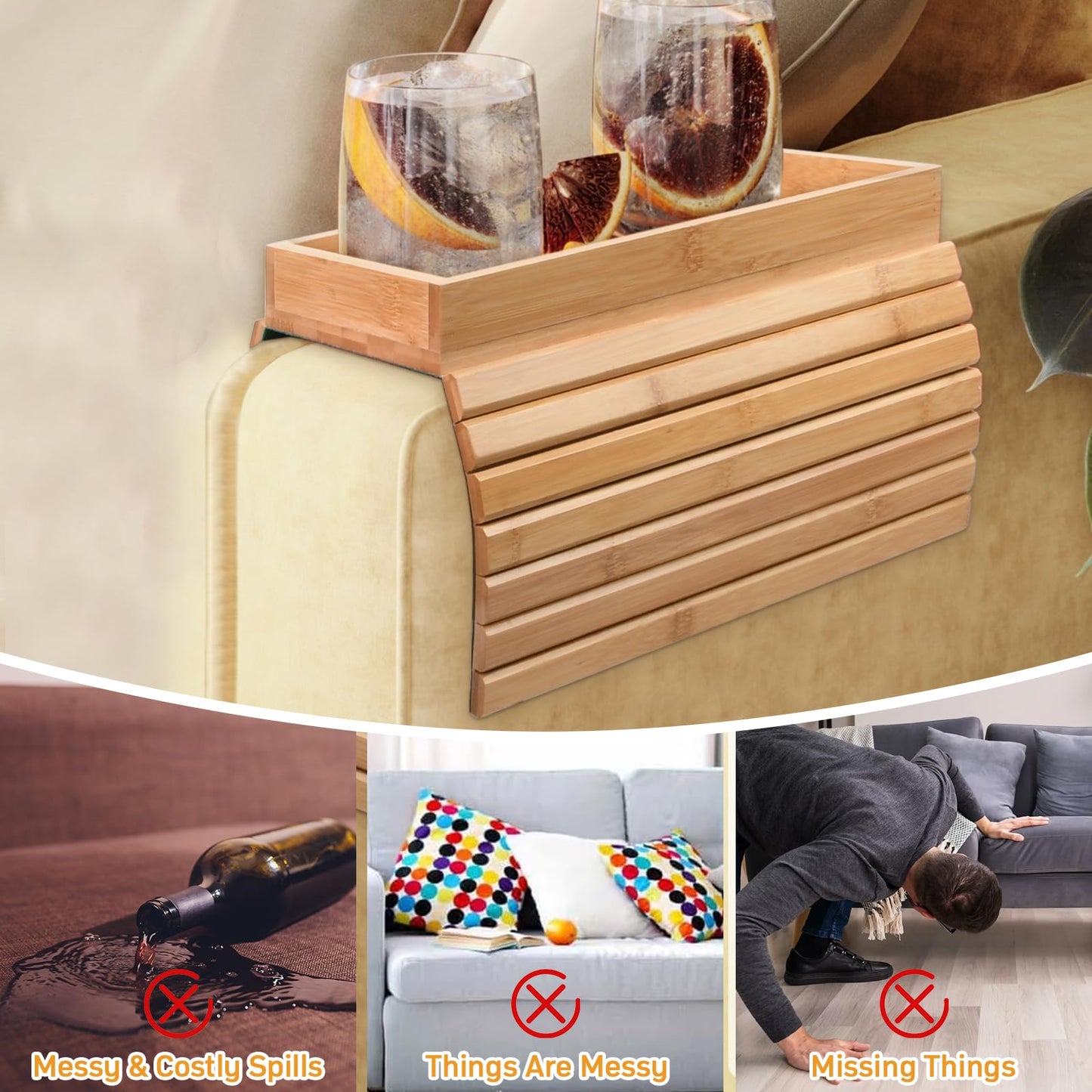 Pagezol Bamboo Sofa Arm Tray, Flexible Wooden Armrest Tray, Eco-Friendly, Anti-Slip, Foldable Couch Armrest for Drinks, Snacks, Remote Control