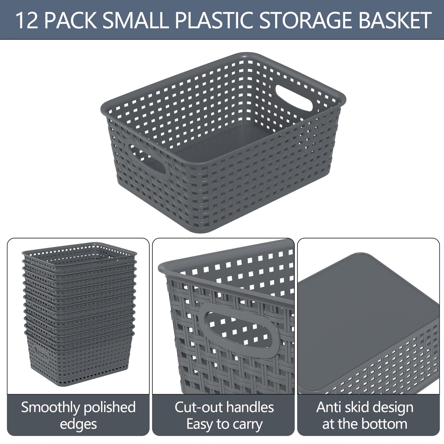 Ziglous 12-Pack Woven Storage Baskets, Small Plastic Organizer Basket, Grey