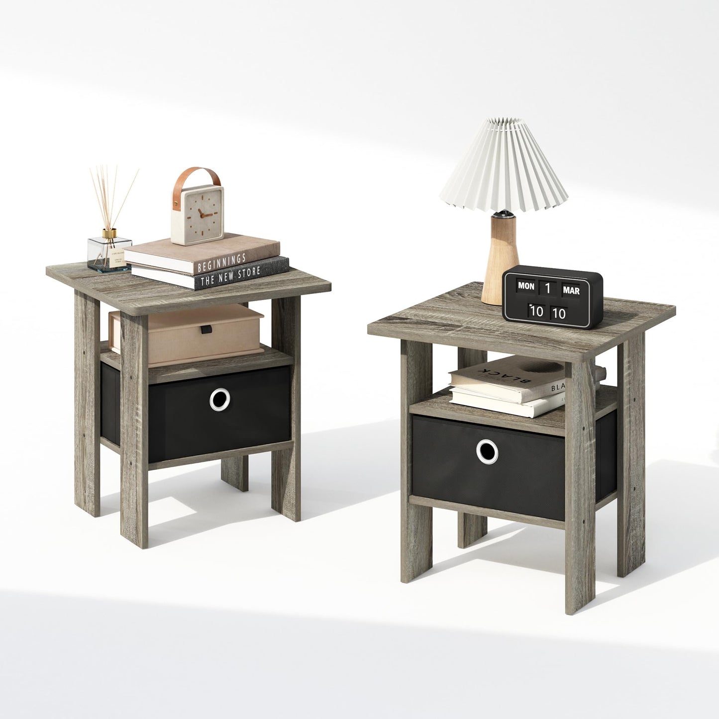 Furinno TIDUR Set of 2, Bedside Table with Storage Bin, French Oak