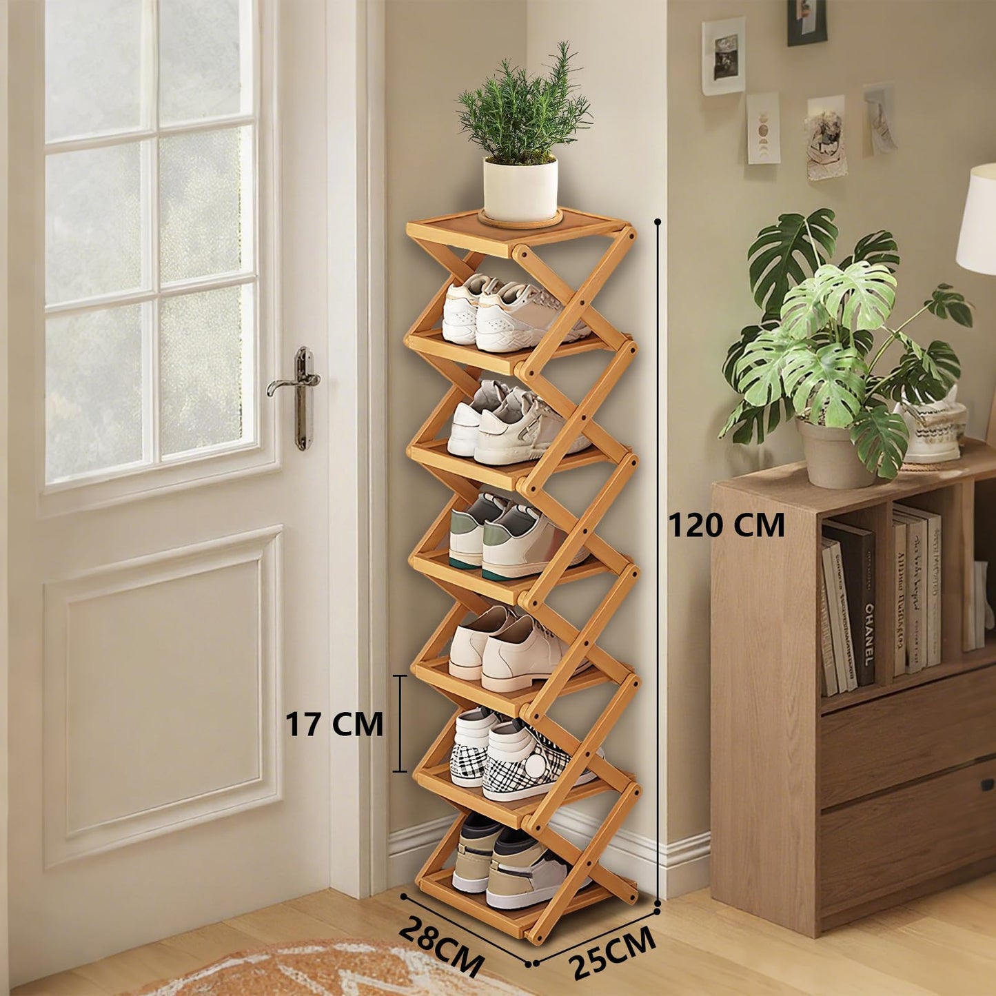 YYW Shoe Rack, Foldable Shoes Organizer Free Standing Shelf for Entryway, Closet, Hallway, Foldable X Shape Multi Tier Shoe Rack (Wood Color,7 Layers)