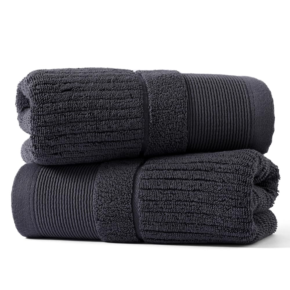 sense gnosis Super Soft Grey Thick Hand Towel Ribbed Striped Pattern 100% Cotton Absorbent Decorative Towel for Bathroom Home 13 x 29 Inch, 2 Pack