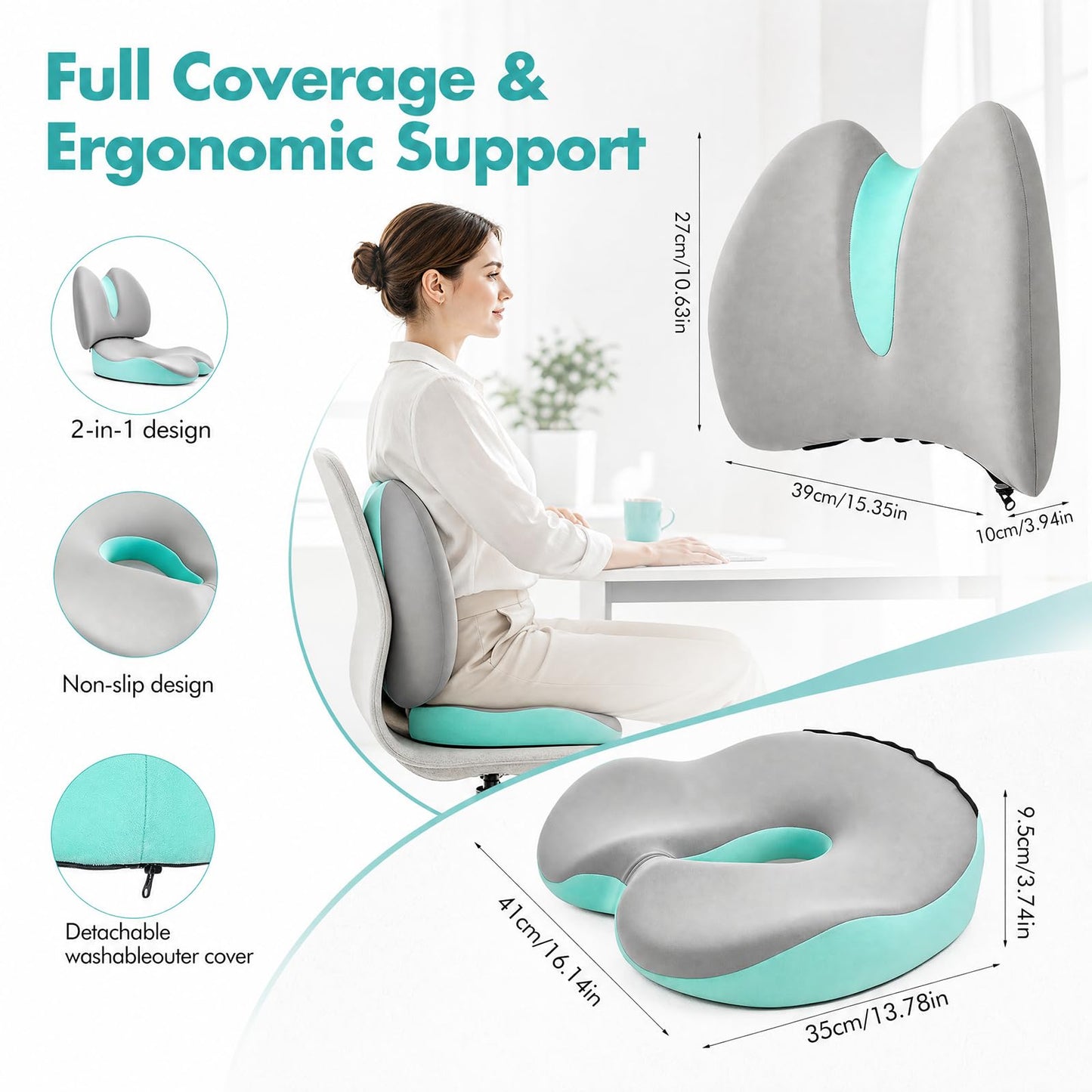 Memory Foam Seat Cushion & Lumbar Support Pillow Set, 2-in-1 Ergonomic Orthopaedic Office Chair Cushion with Non-Slip Base – Coccyx