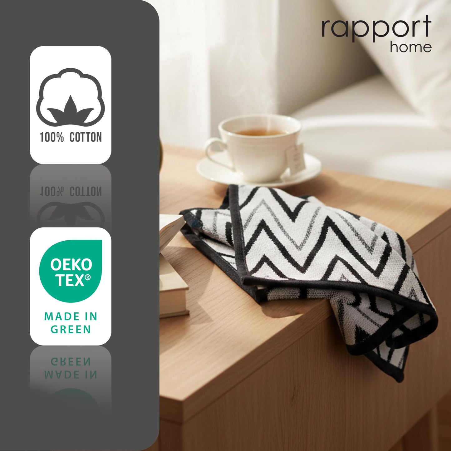 Rapport Home Helix Face Towels 2 Pack, 30x30cm 100% Cotton - Mono Black