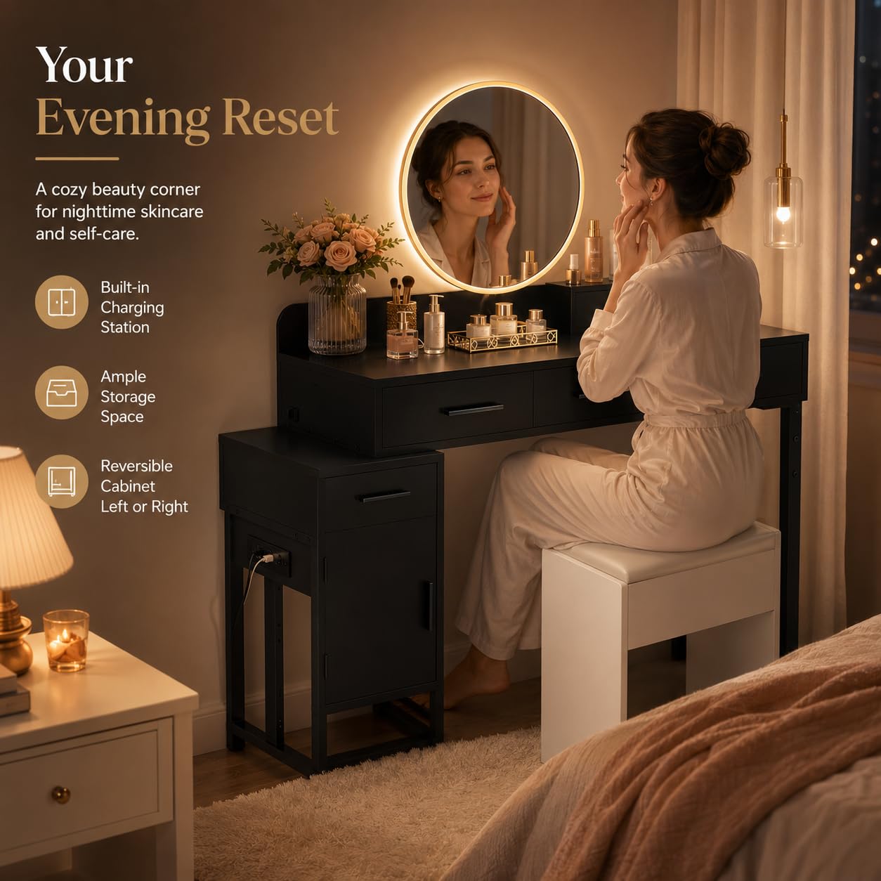 iSunirm Black Dressing Table No Mirror, 90 cm Vanity Desk with 4 Drawers, Charging Station & Reversible Cabinet