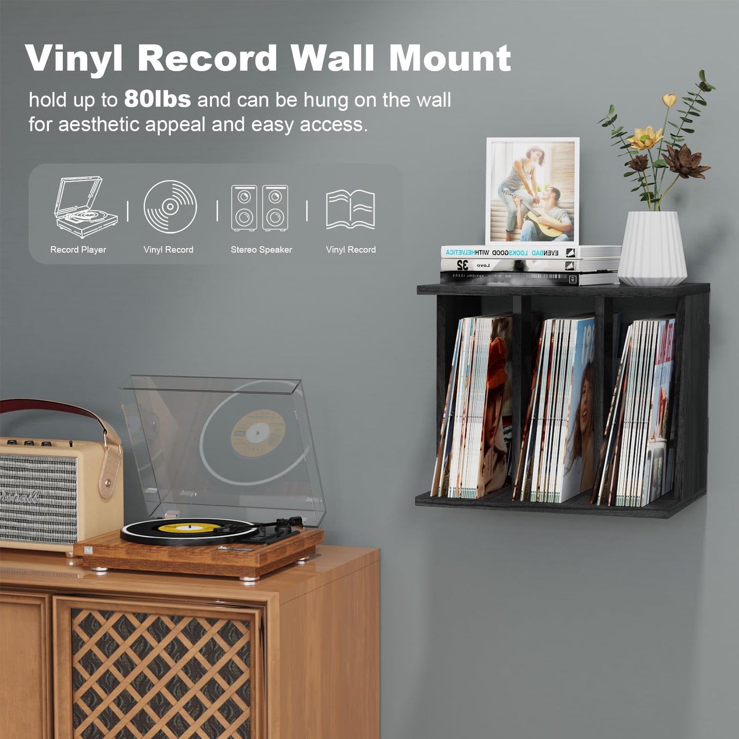 Emfogoo Vinyl Record Storage Wall Mounted Holds 100 LP Albums, 3-Tier Organizer Cabinet with Wall Mount