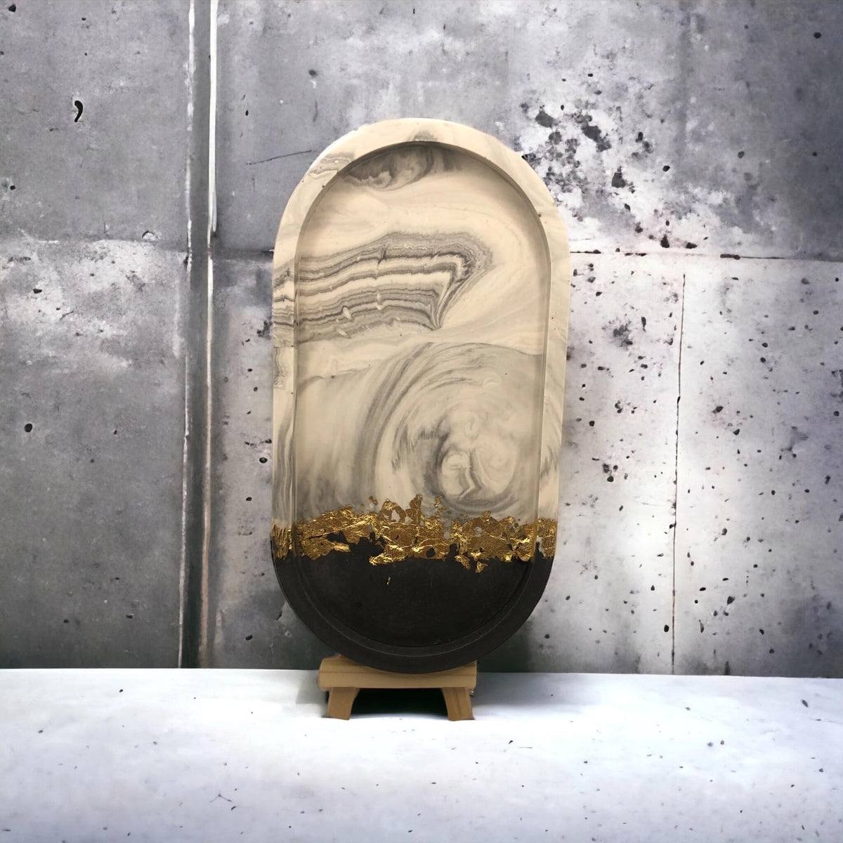 Handmade Jesmonite Oval Vanity Tray - Grey Marble Effect with Gold/Copper/Silver Leaf Detail | Decorative | Jewellery | Trinket
