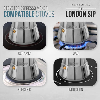 The London Sip Moka Pot, Stovetop Coffee Maker, Italian Style Espresso Maker, Stainless Steel, Induction Compatible, Modern Chrome, Black, 6 Cup (300