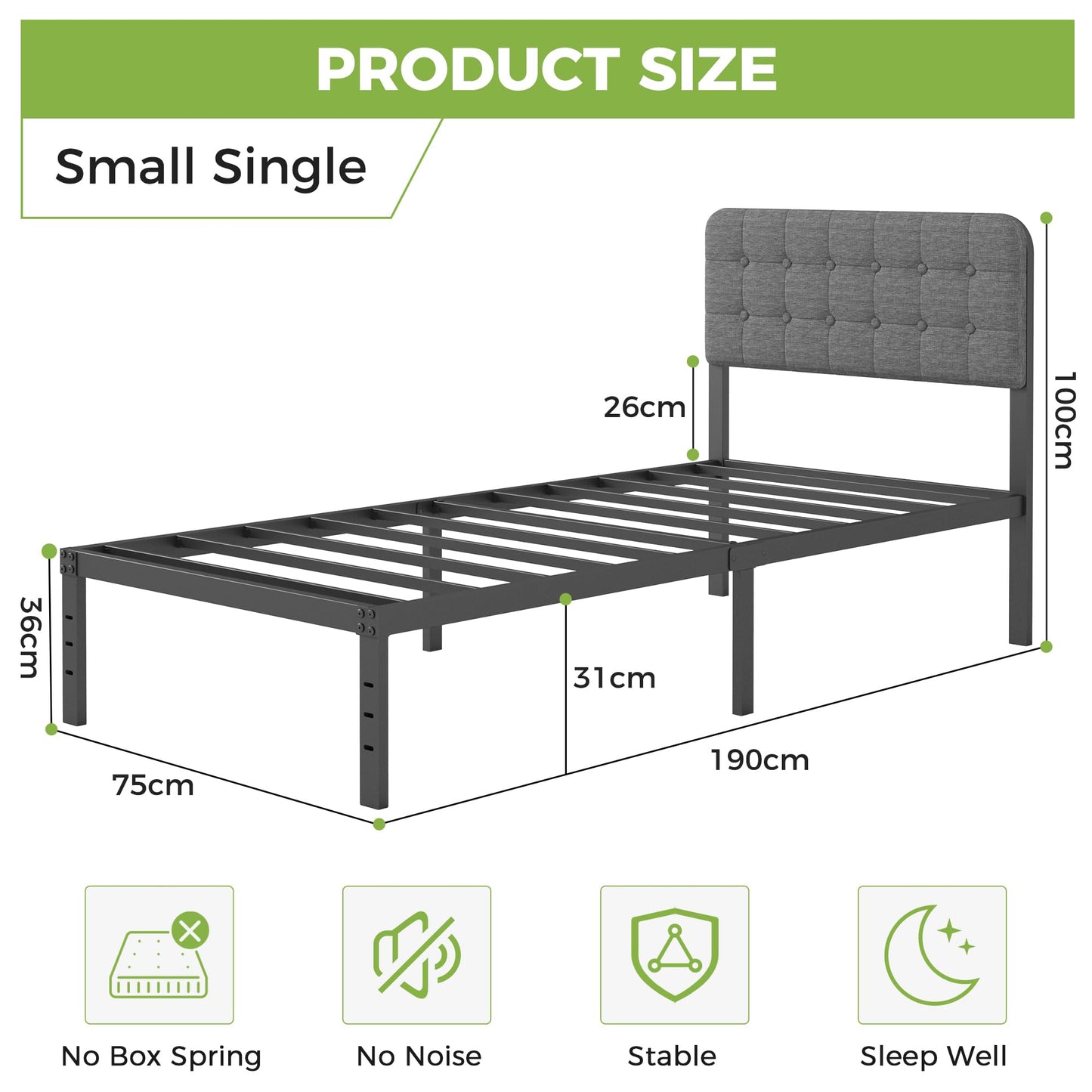 Lutown-Teen 2ft 6 Small Single Bed Frame with Grey Upholstered Headboard
