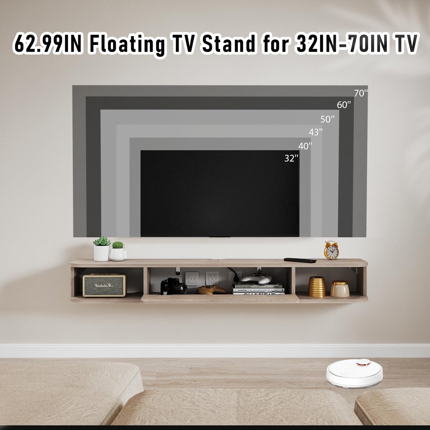 Pmnianhua Floating TV Shelf, Wall Mounted TV Cabinet, Floating Shelves with Door, Modern Entertainment Media Console Center Large Storage Under TV