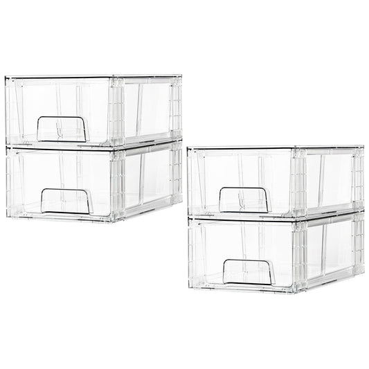 Vtopmart 4 Pack Stackable Storage Drawers,Clear Acrylic Drawer Organizers with Handles, Easily Assemble Containers for Fridge, Bathroom,Kitchen