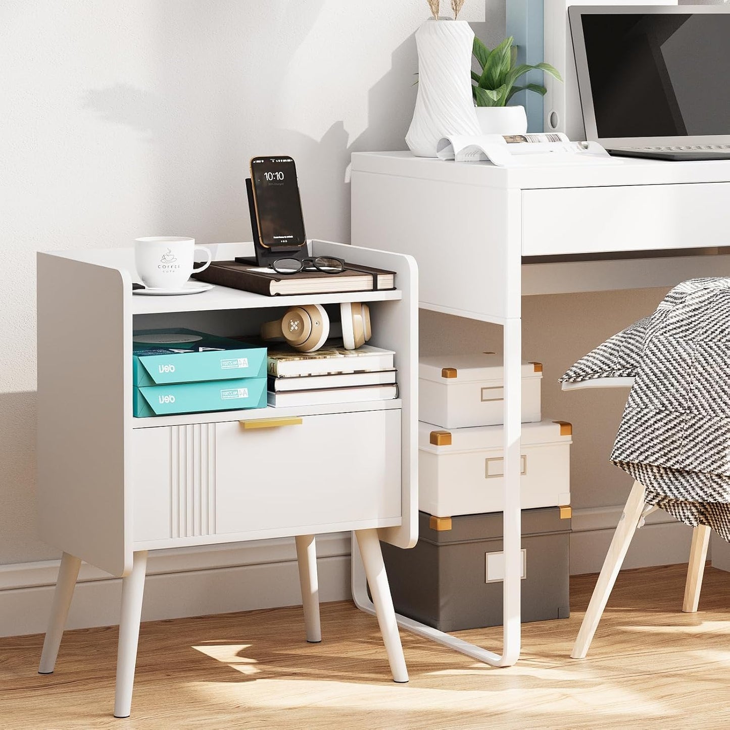 Bedside Table, Nightstand, Bed Side Table with Wood Decorated Drawers