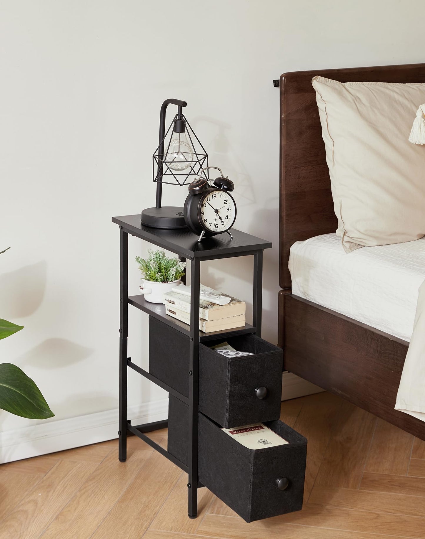 YMYNY Narrow Side Table, Slim Bedside Table with 2 Fabric Drawers, Nightstand for Small Spaces