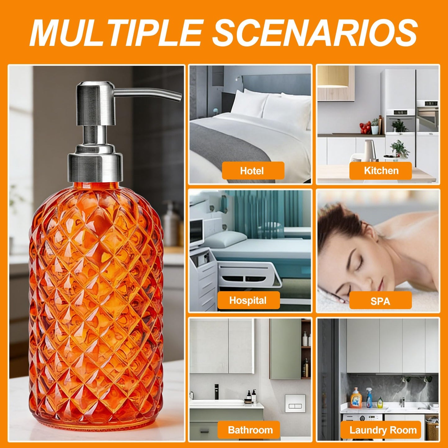 Glass Soap Dispenser Orange - 350ml/ 16 Oz Hand Soap Dispenser with Rustproof Stainless Steel Pump Liquid Hand Jar Refillable Glass Bottle for