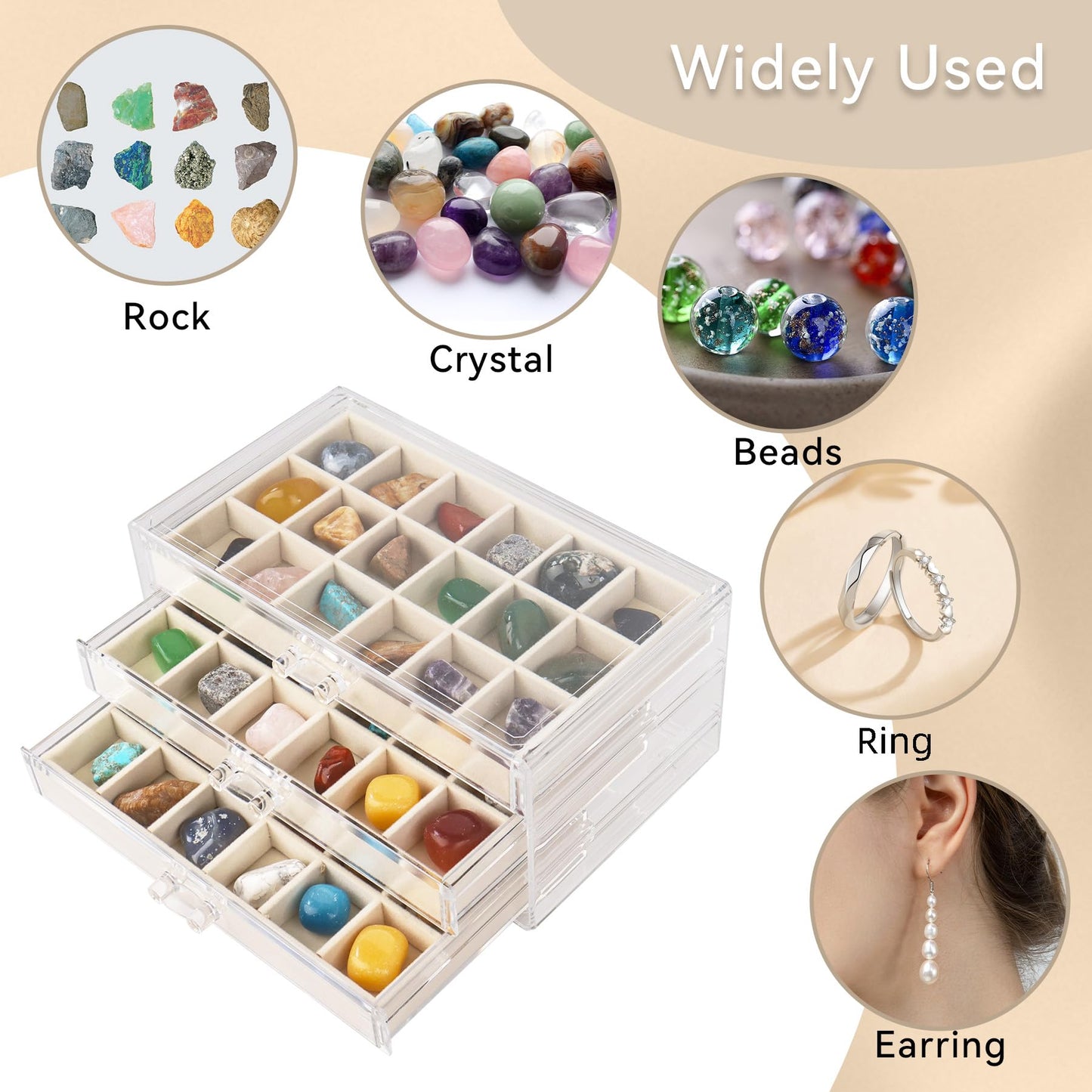 Dmnnlp Rock Display Case, 3 Drawers 54 Grids Rock Collection Box, Storage Cases for Gemstone Fossil Crystal Stone Jewellery (Beige)