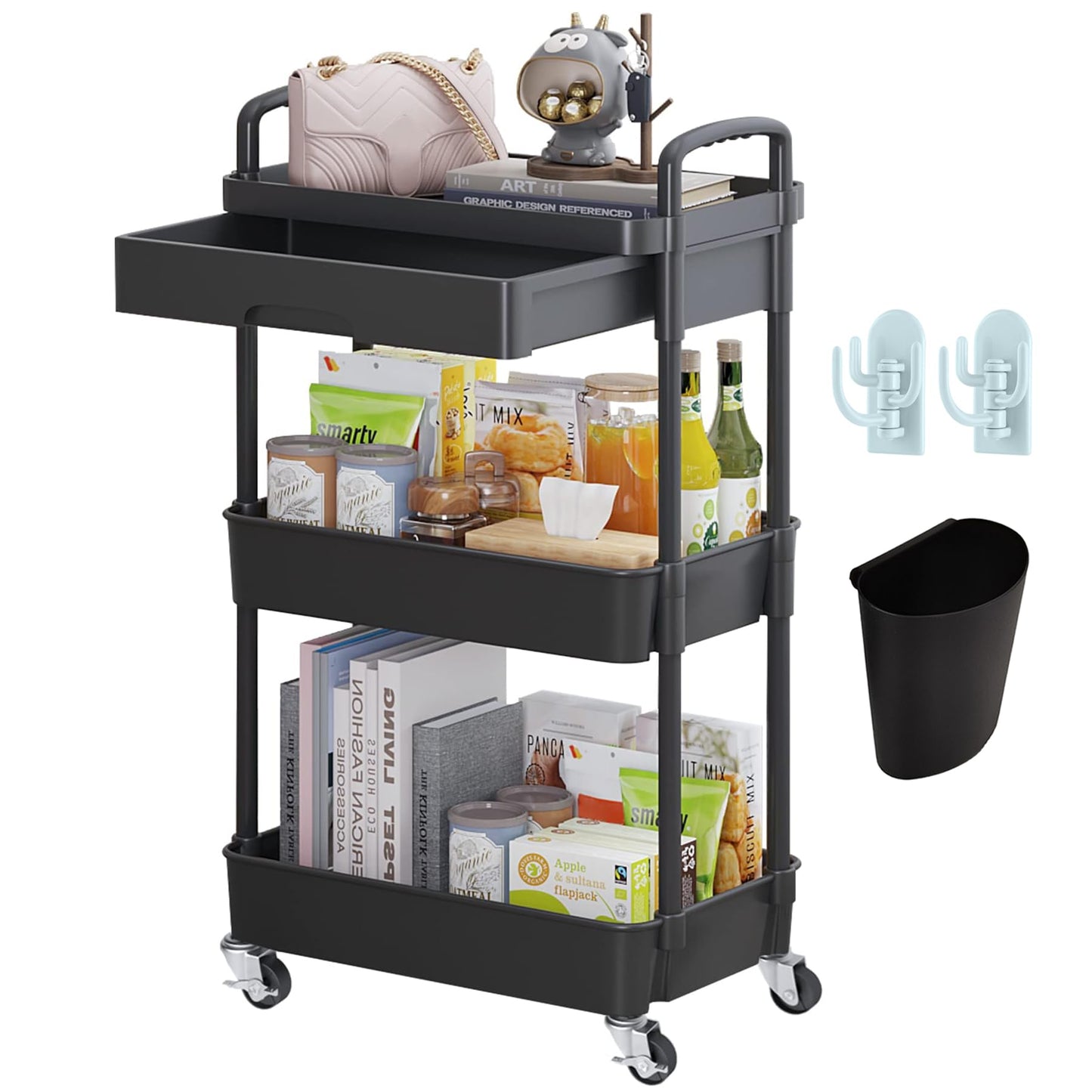 Wuciray Beauty Trolley on Wheels 3 Tier Storage Trolley with Drawer Plastic Beauty Trolleys Rolling Utility Cart for Home Kitchen Bathroom Laundry