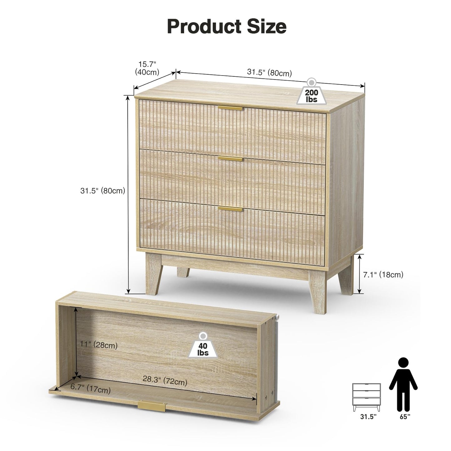 Yvsevnr Fluted Bedroom Chest of 3 Drawers Wooden Fluted Closet Dressers Anti-Tipping Large Nightstand Bedside Storage Cabinet Unit Clothes Storage