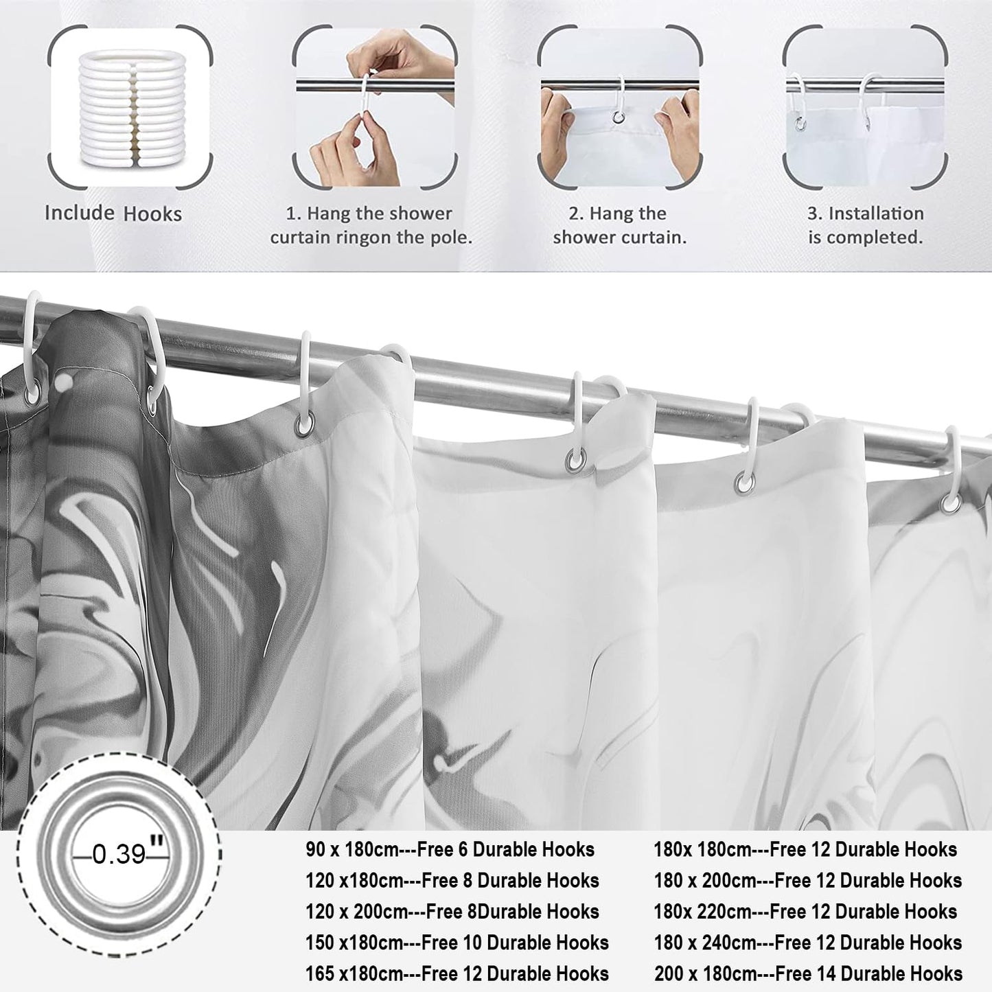 GCIREC Shower Curtain, 120x200cm, Gray Modern Abstract Art Watercolor Marble Gradient Waterproof Fabric Machine Washable Bathroom Curtain with Hooks