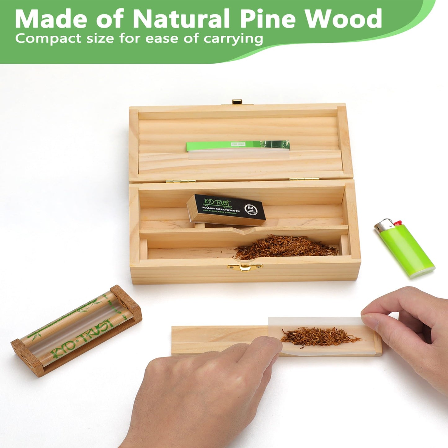 RYO TRUST Roll Box, Storage Stash Box with Rolling Paper Dispenser and V Block, Portable Pine Wood Smoking Accessories Organizer 6.6'' x 3.3" x