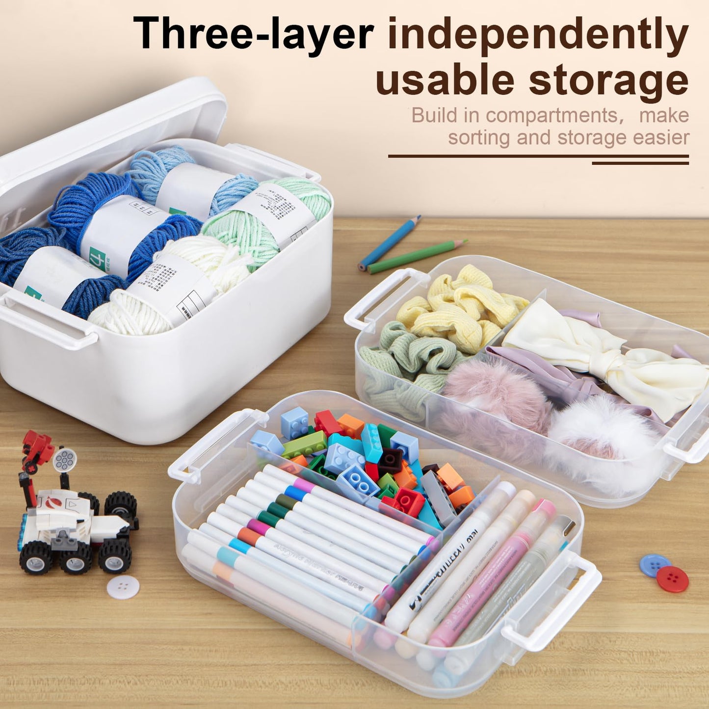Creahaus 3 Layers Multipurpose Storage Box Organiser with Removable Trays, Stackable Art Craft Storage Box Case with Handle