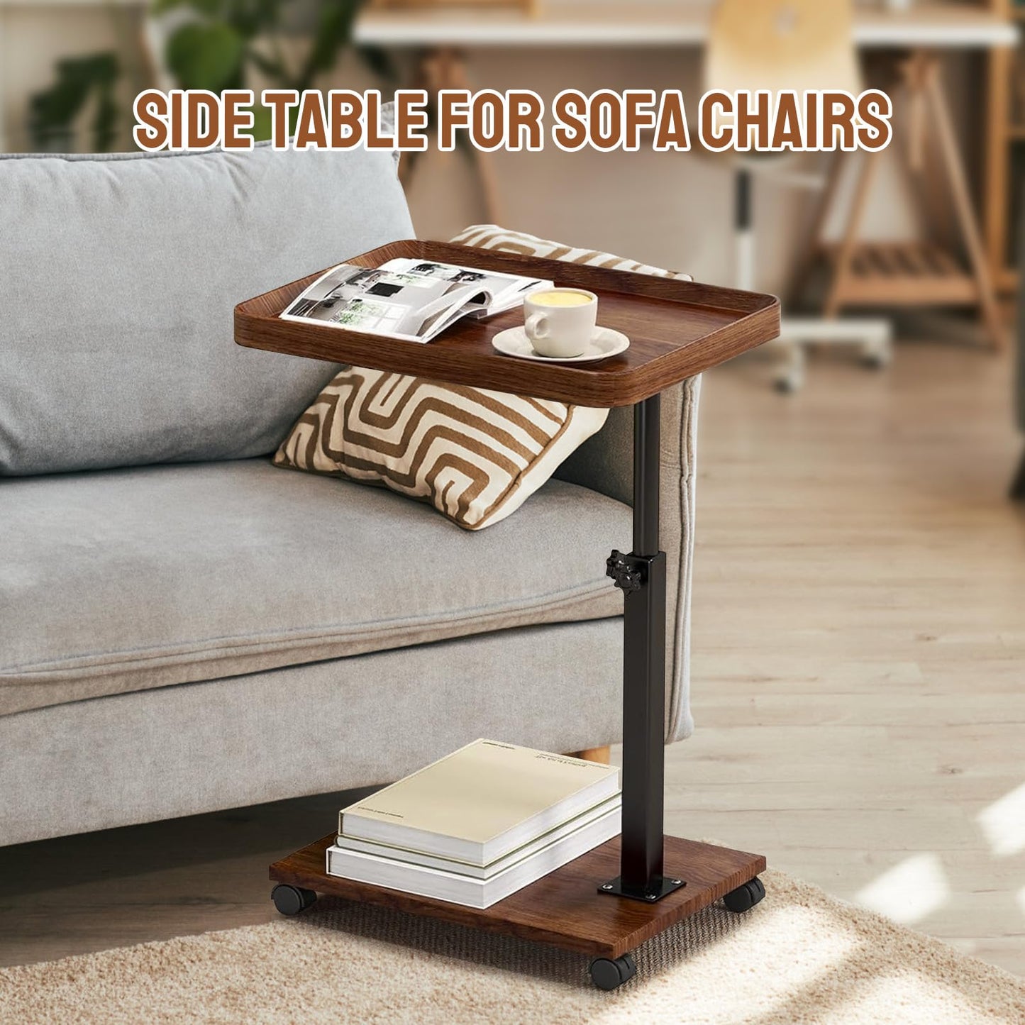YYW Adjustable C Shaped Side Table with Wheels, 360° Swivel Sofa Table