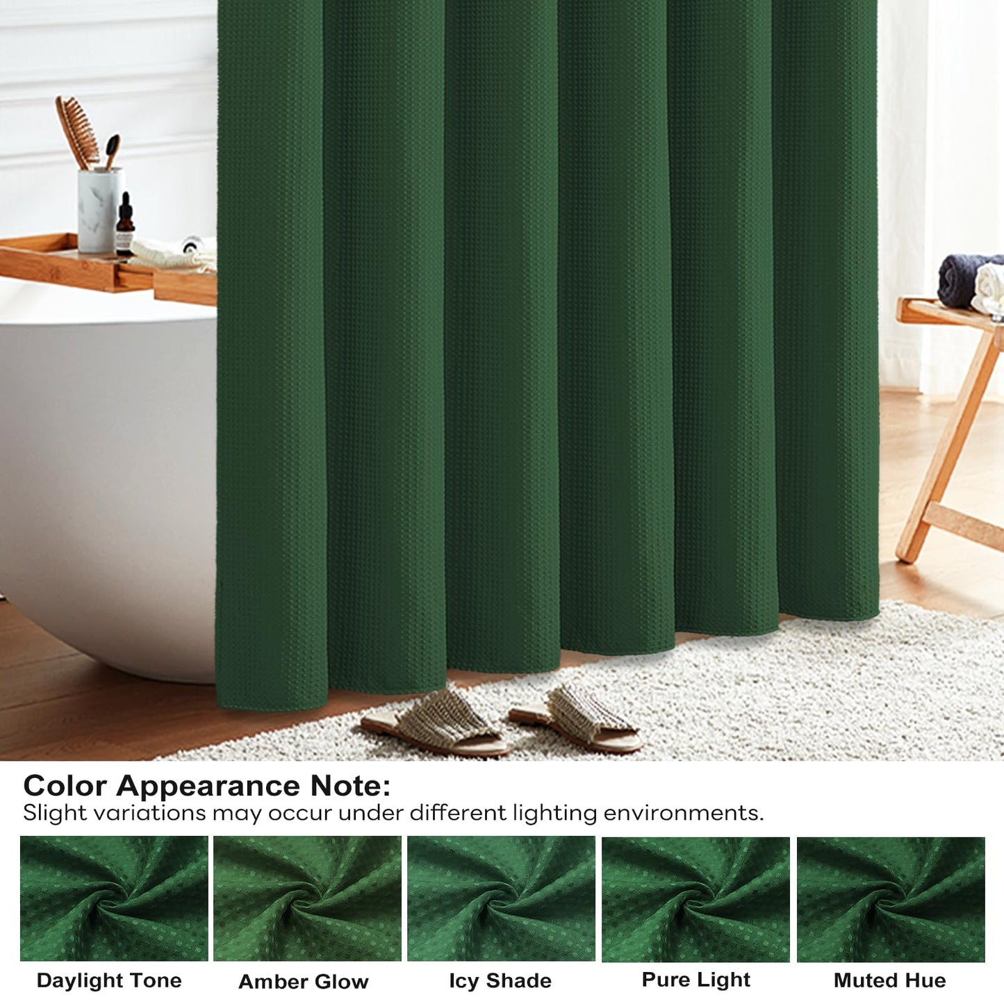 BTTN Extra Long Waffle Shower Curtain, Waterproof, 182x214cm, Emerald Green