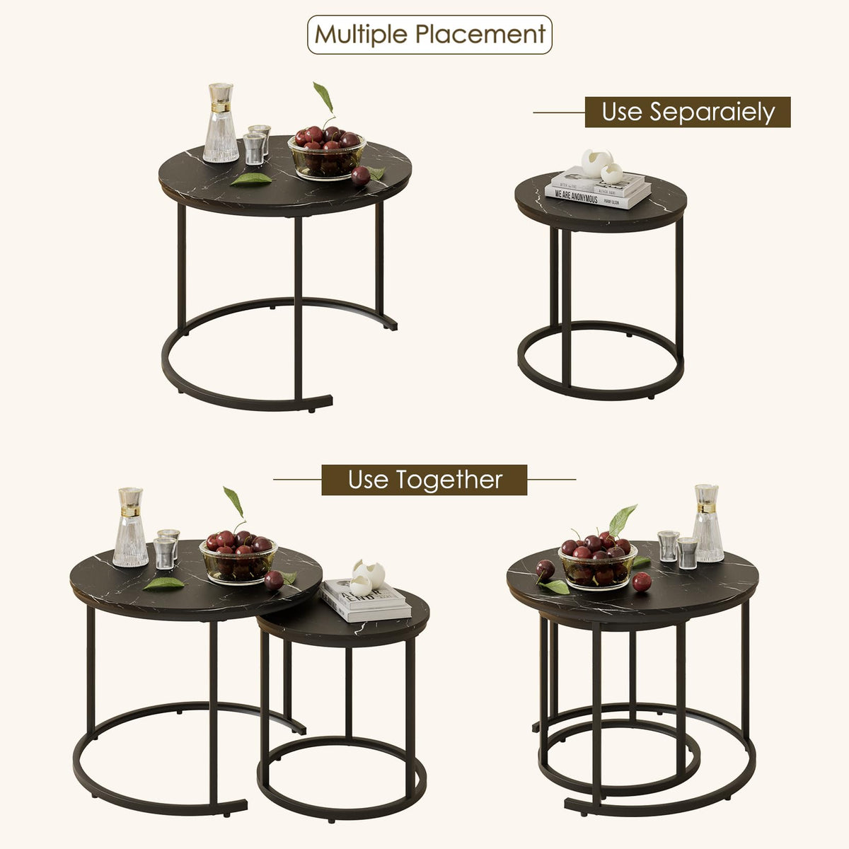 HEYZOEY Round Coffee Tables, Removable Set of 2 End Table, Nesting Tables with Metal Frame Legs and Black Top for Living Room, Bedroom, Office