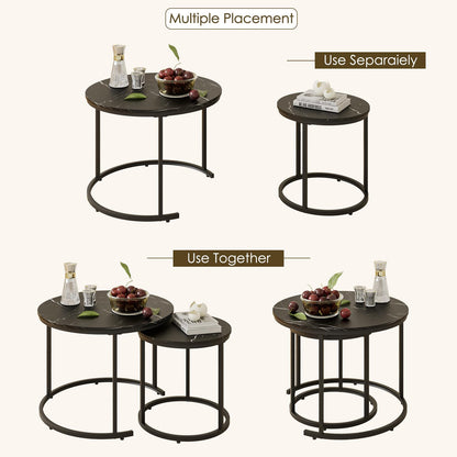 HEYZOEY Round Coffee Tables, Removable Set of 2 End Table, Nesting Tables with Metal Frame Legs and Black Top for Living Room, Bedroom, Office