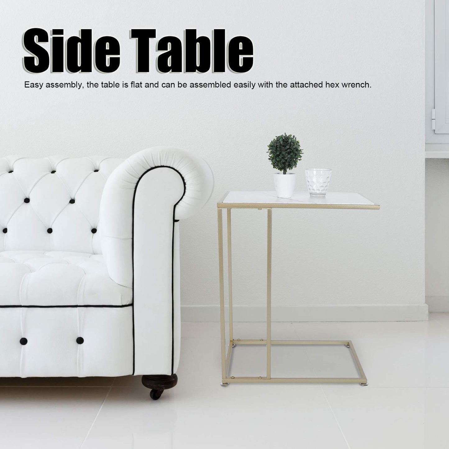 C Shaped Side Table, Sofa End Table with Gold Metal Frame Coffee Snack Table Laptop Holder Table Bedside Table Modern Open Type Under Bed Table Care