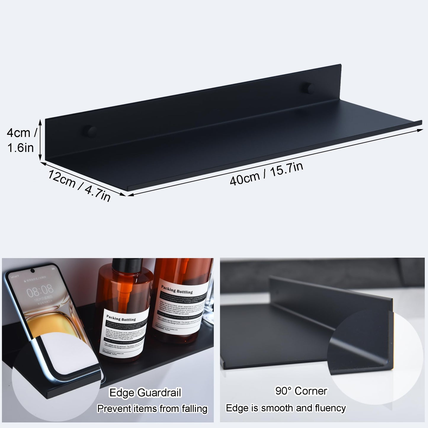 HNVNER Black Bathroom Shelves No Drill, Metal Shower Caddy 2 Pack, 40 cm