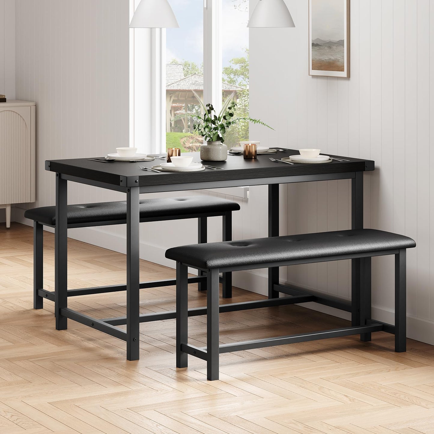 Crevyteg Modern Industrial 3-Piece Dining Table Set for 4 with 2 Upholstered Benches, Space-Saving Kitchen Table Set for Small Spaces