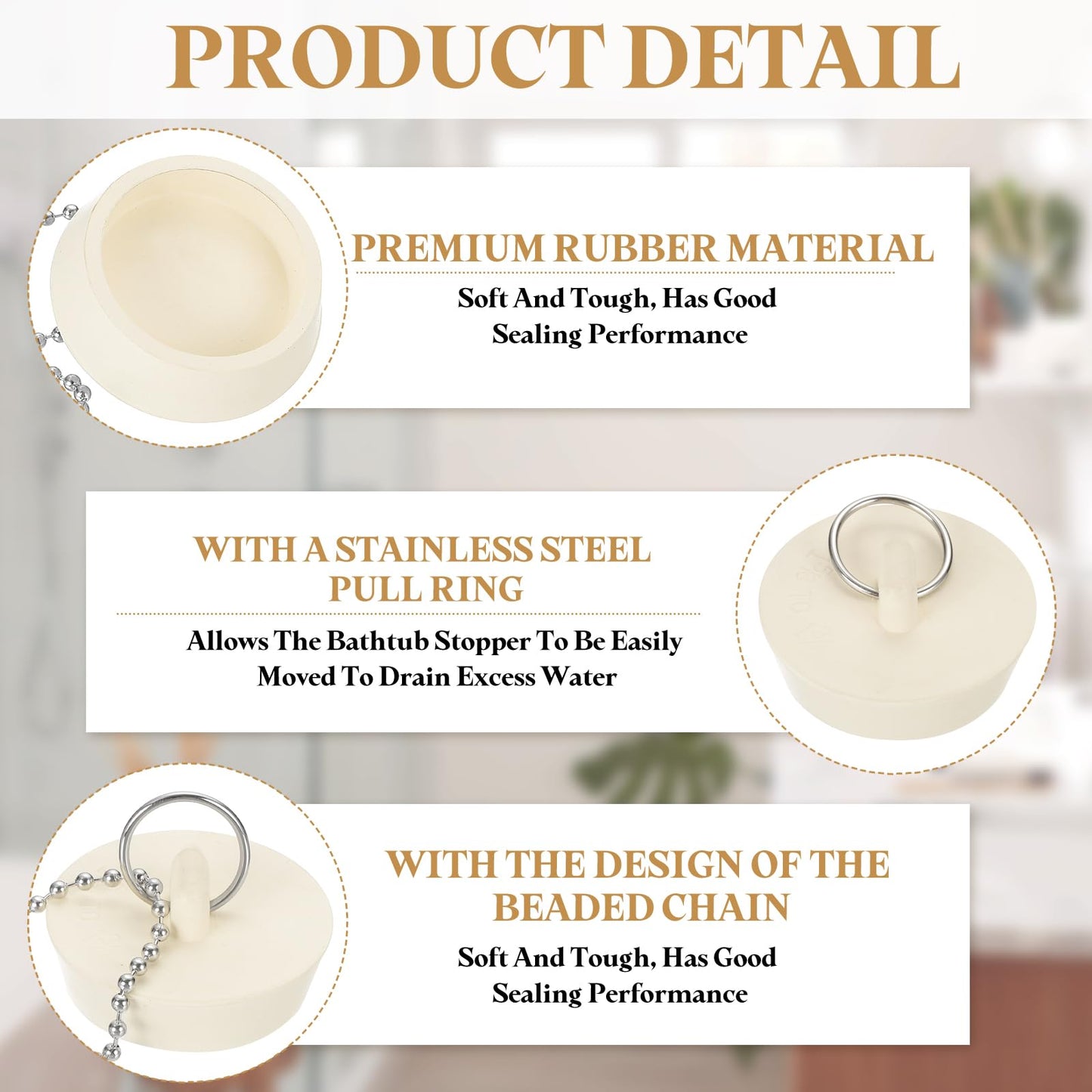 PATIKIL Tub Drain Stopper, 3Pcs for 1-3/8" to 1-1/2" Rubber Bath Tub Drain Sink Stopper with Pull Ring Stainless Steel Beaded Chain for Bathroom