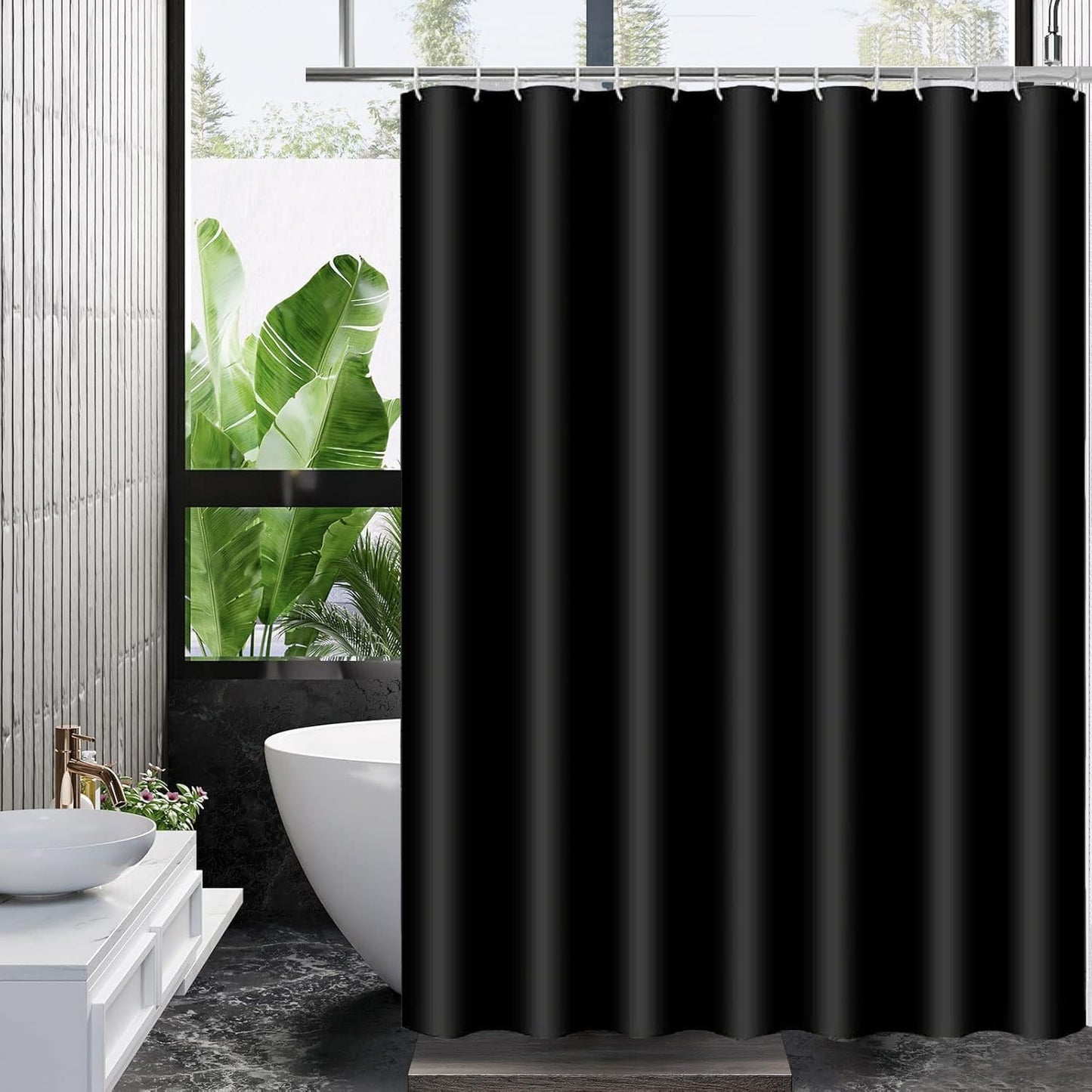 Shower Curtain, Solid Colour Fabric Shower Washable Curtain Mould Resistant and Water Repellent, Shower Curtain for Bathroom (Black,180 * 180)