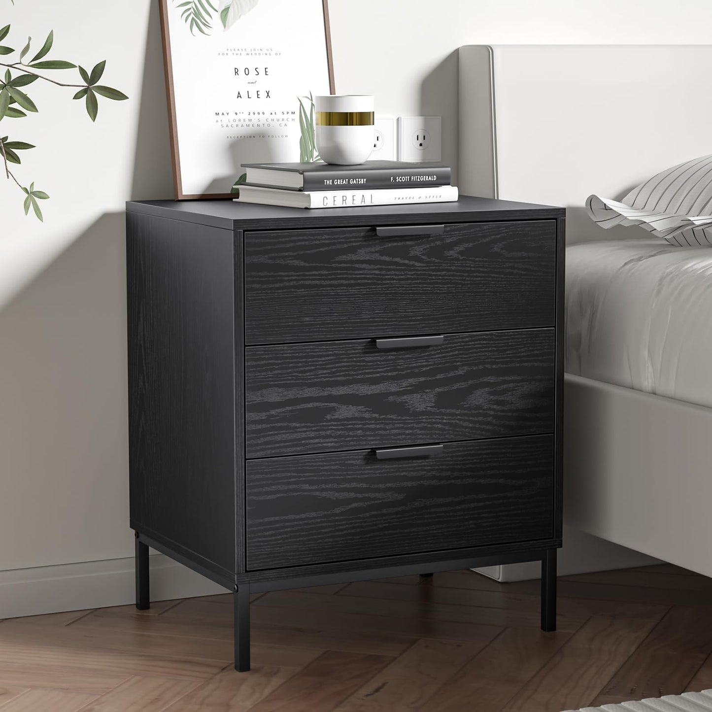 Skokliz Bedside Table with 3 Drawers, Black Nightstand for Bedroom, Wood Modern End Table for Living Room, Small Spaces, 50x40x60cm