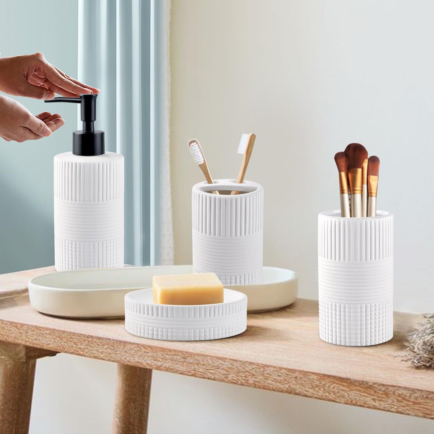 Bathroom Accessories Set of 4, Ceramic Bathroom Sets Complete-Toothbrush Holders, Soap Dispenser, Soap Dish, Toothbrush Cup