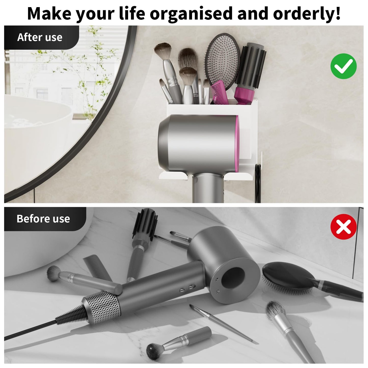 MAYZOLOP Hair Dryer Holder Wall Mounted, No Drill Metal Holder for Hair Tools, Bathroom Storage Organiser with Accessory Tray - Salon, Bedroom, Hotel